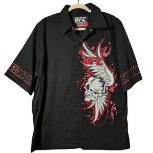 JH Design UFC Mens Black Red Embroidered Skull Wings Short Sleeve Snap Shirt M